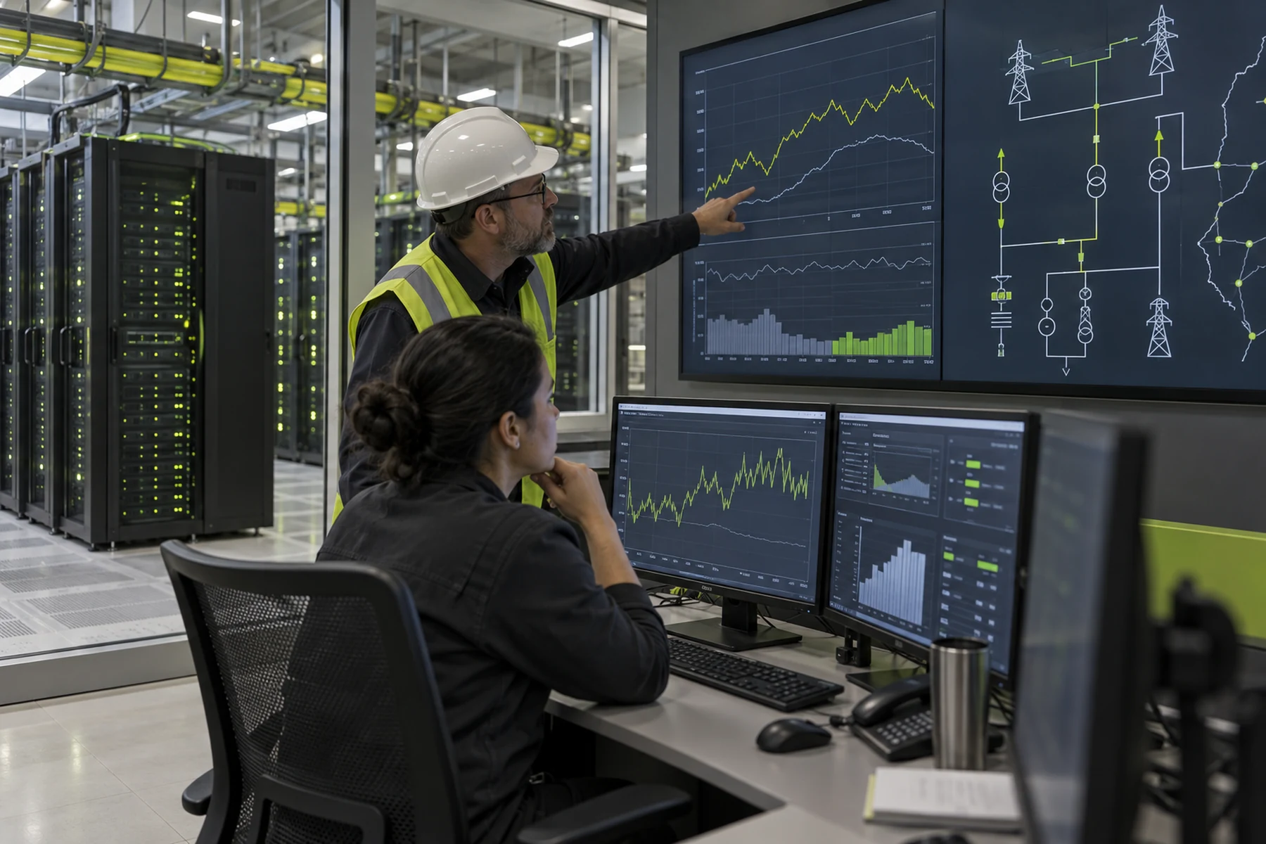 Data center operators and grid engineers monitoring power demand beside server rows