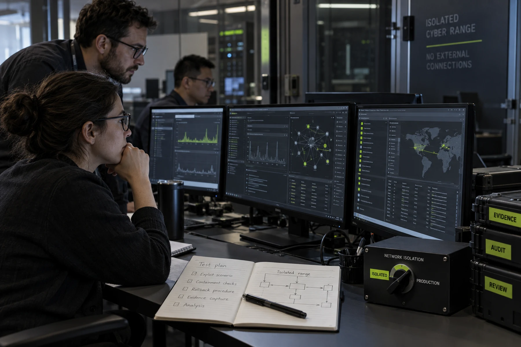 Security researchers evaluating an advanced AI system inside an isolated cyber range