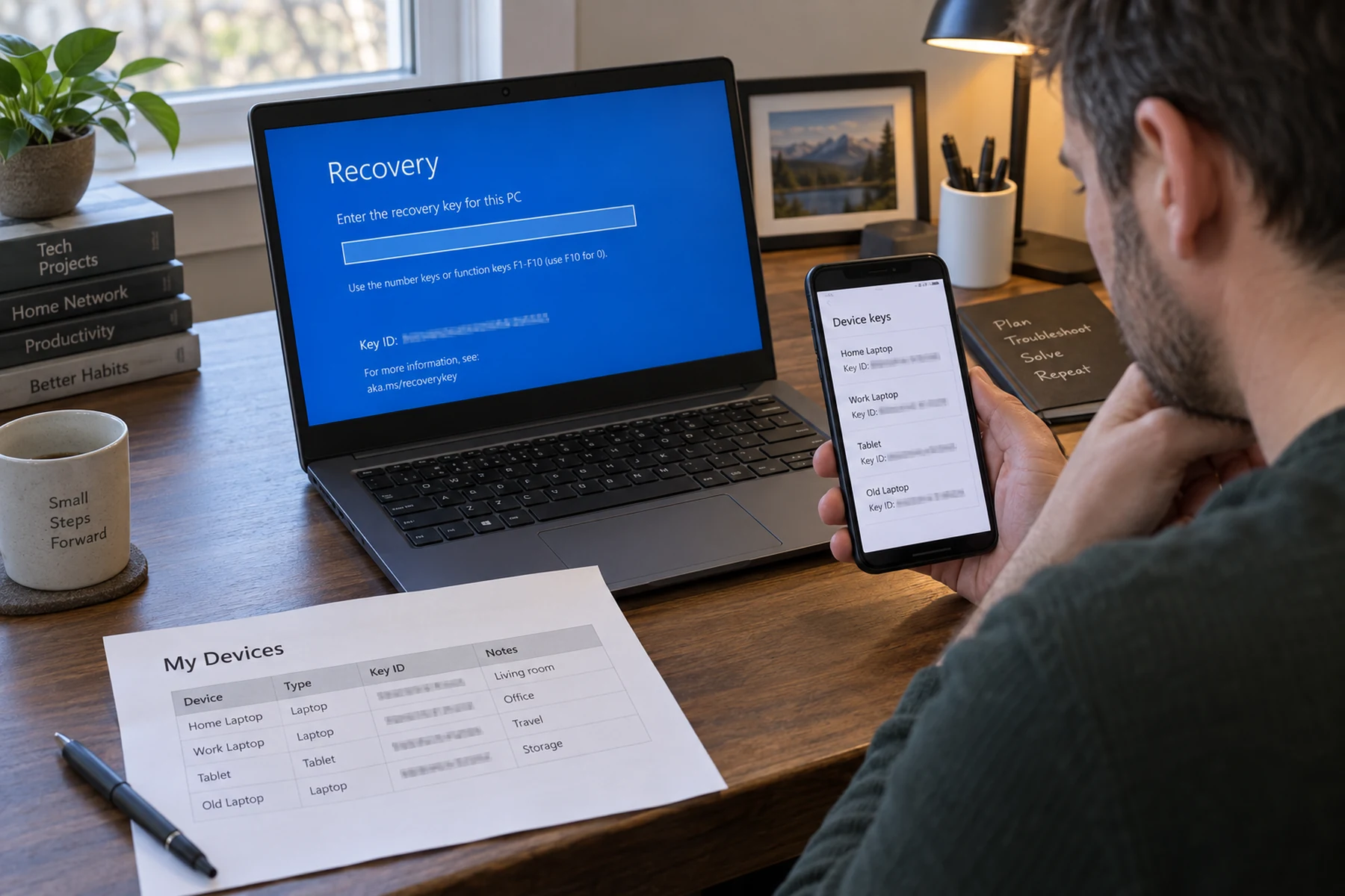 PC owner matching a BitLocker recovery key identifier on a second device before using Windows recovery options