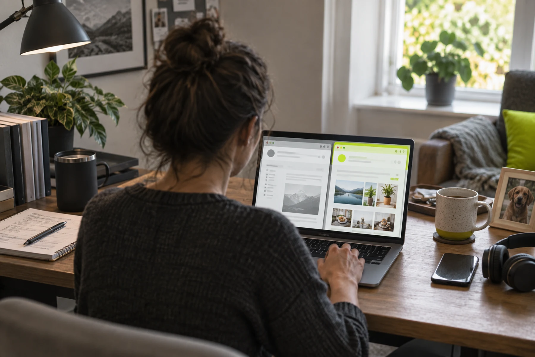 Remote worker organizing distinct work and personal browser profiles on one laptop