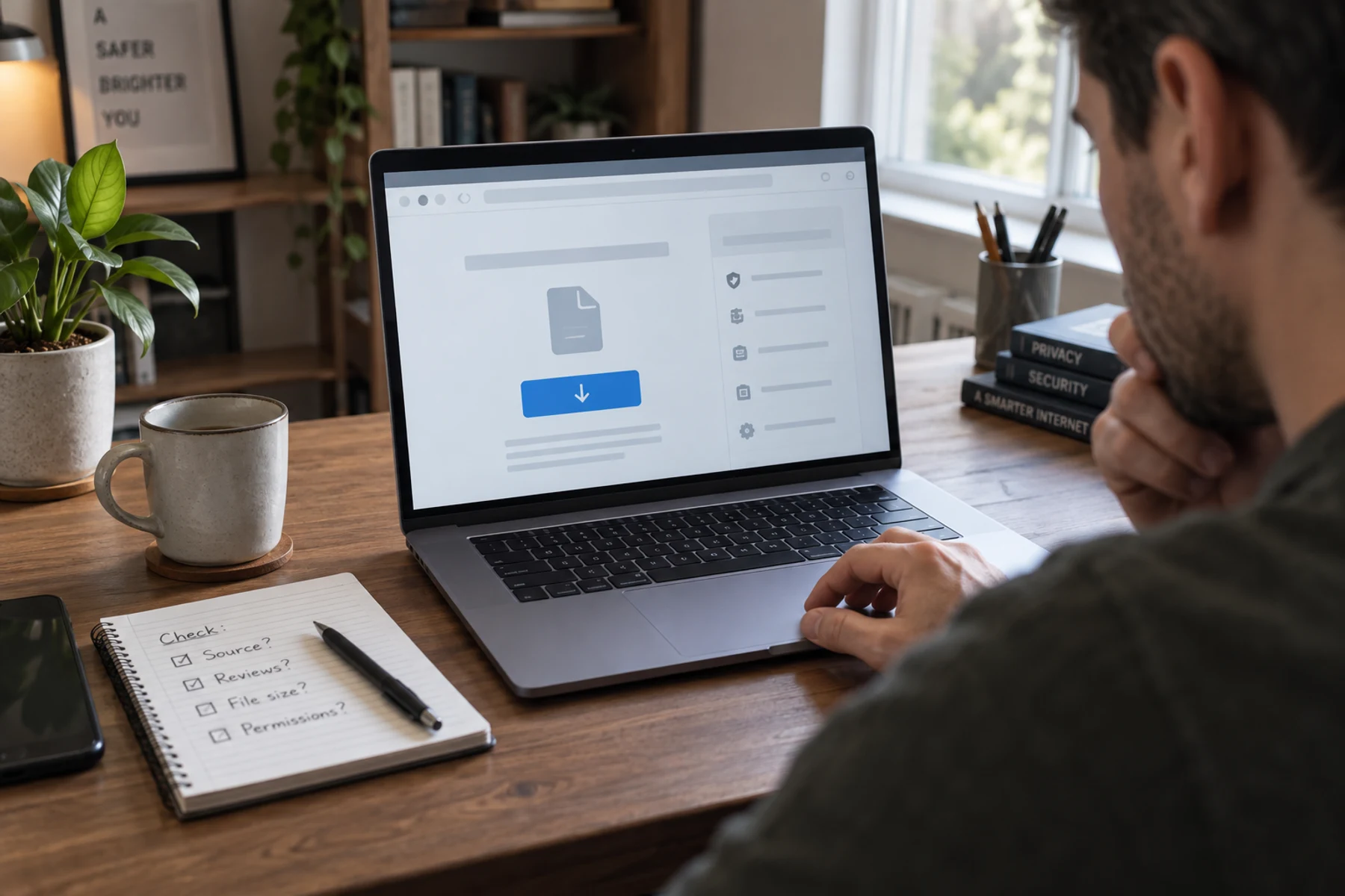 A person carefully checking a software download page before clicking