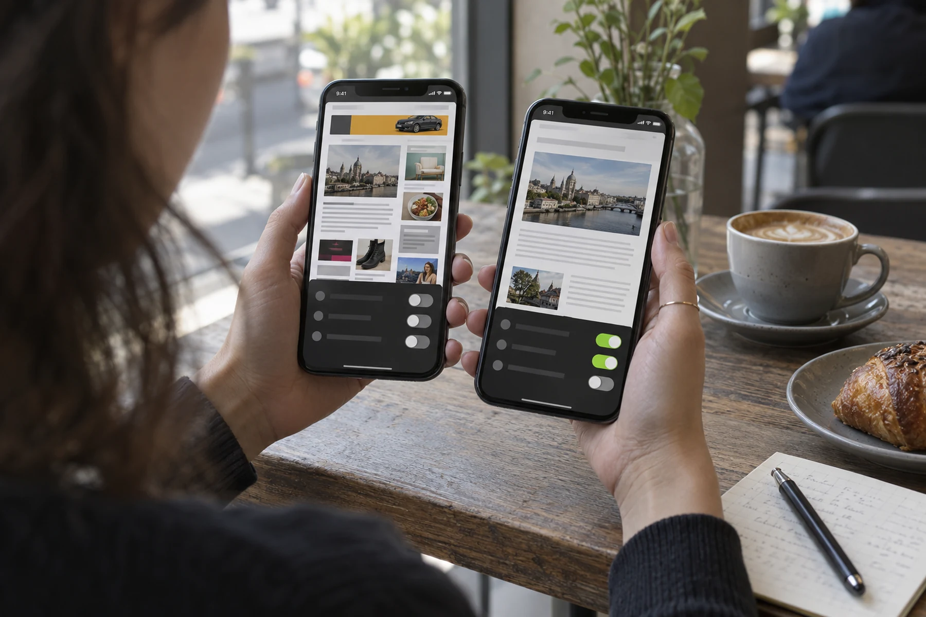 Phone user comparing a cluttered webpage with a cleaner privacy-protected version