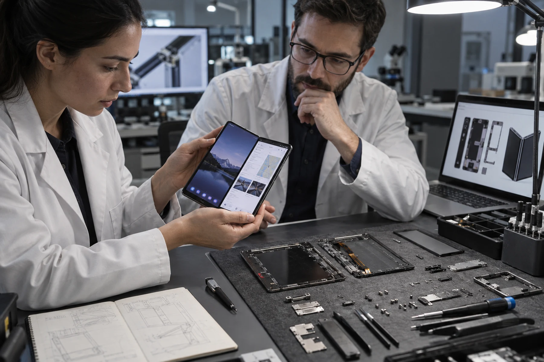 Device lab evaluating a foldable phone hinge, inner display, app layout, and repair documentation