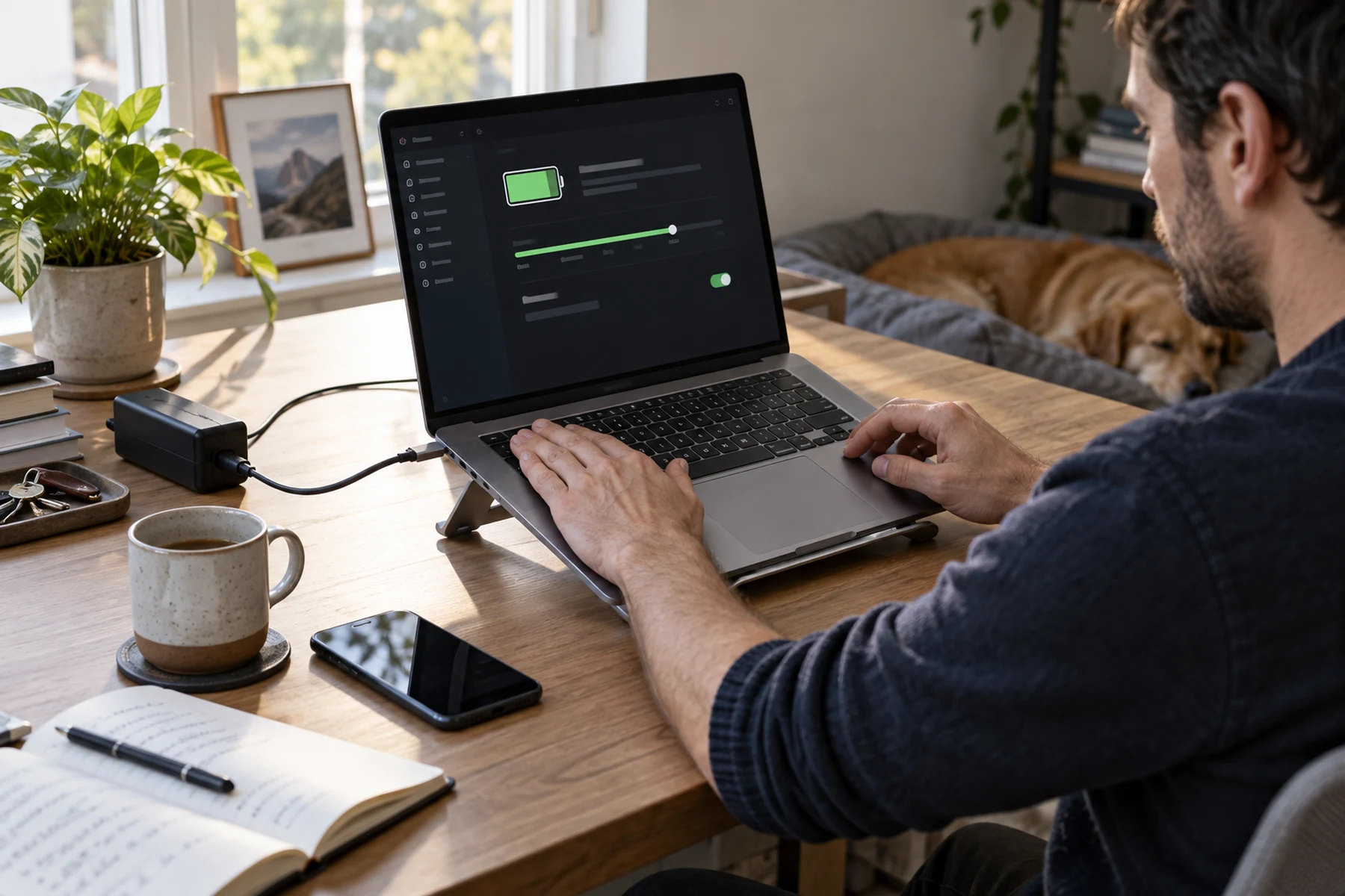 Laptop owner reviewing battery health, charge limit, heat, and workload settings at a desk