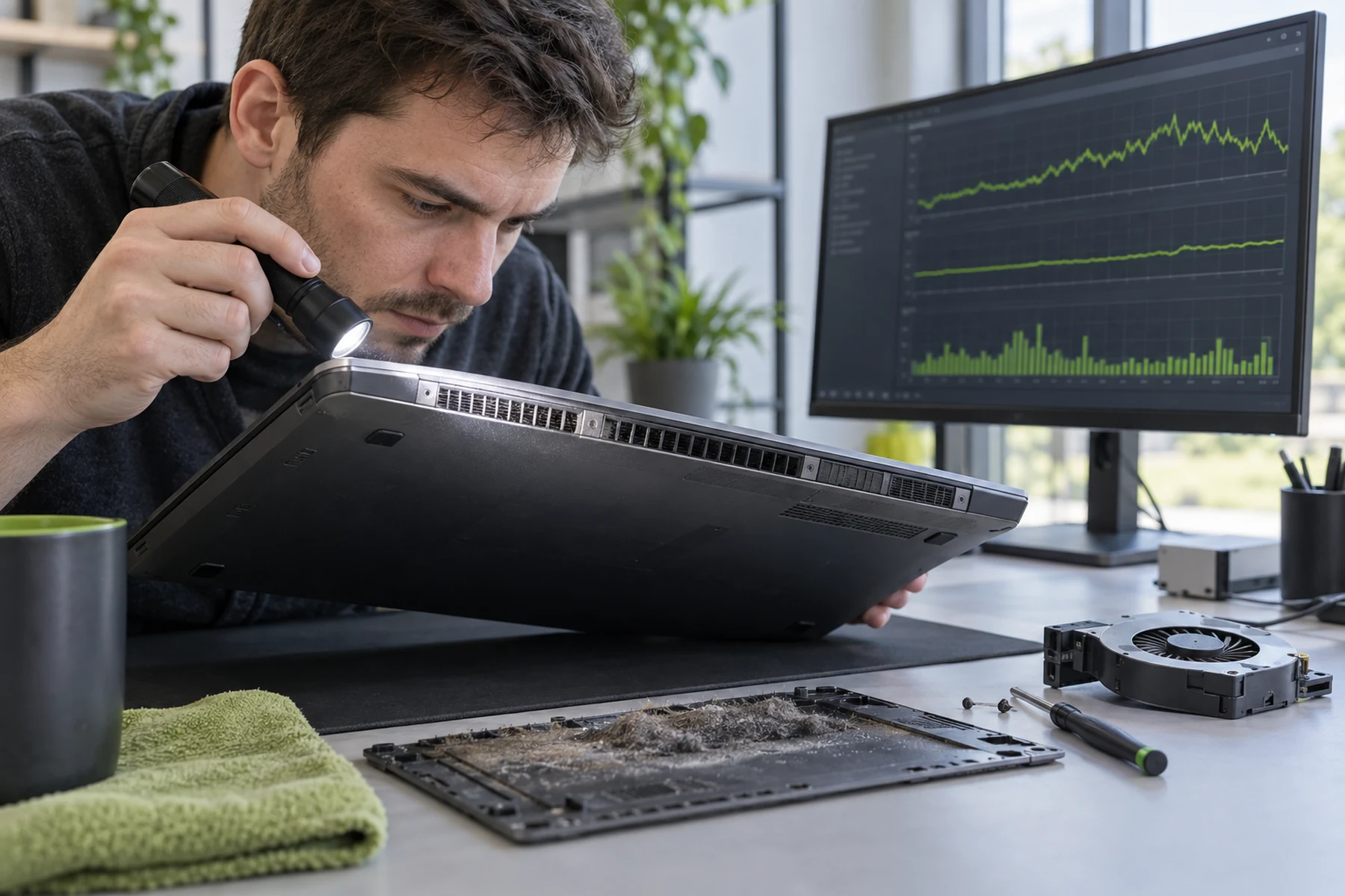 Technician checking laptop vents, workload and temperature readings at a clean desk