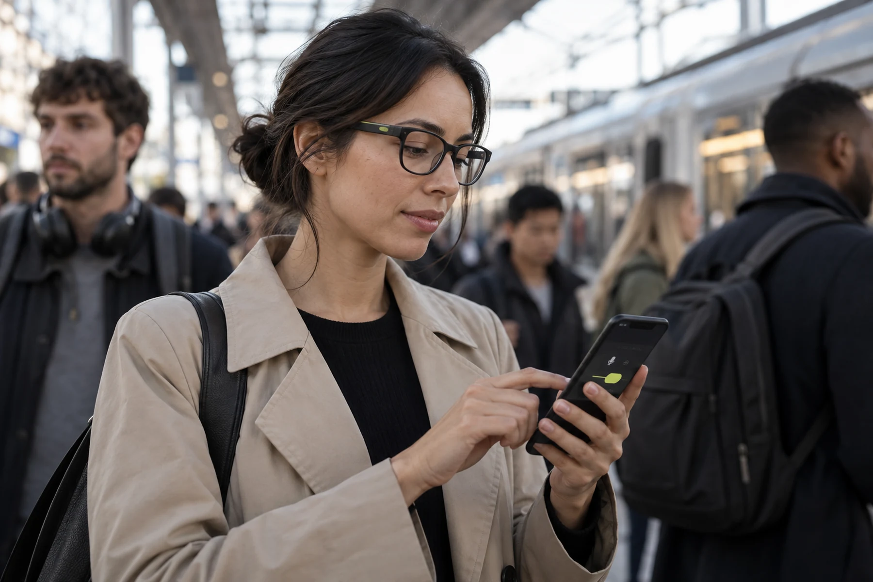 Commuter wearing open-ear audio glasses while checking privacy controls on a phone