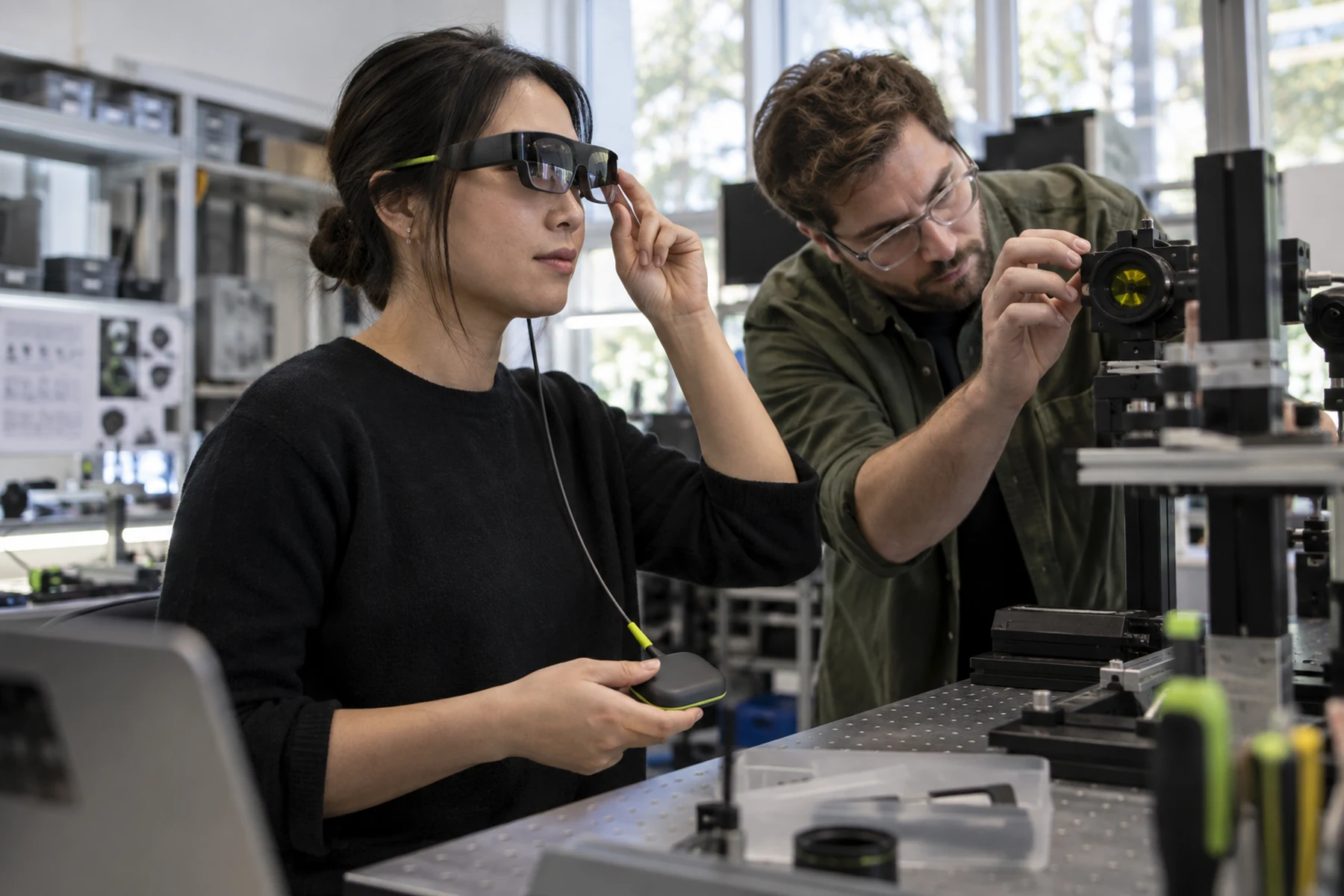 Product engineer testing lightweight virtual reality glasses connected to a pocket compute module
