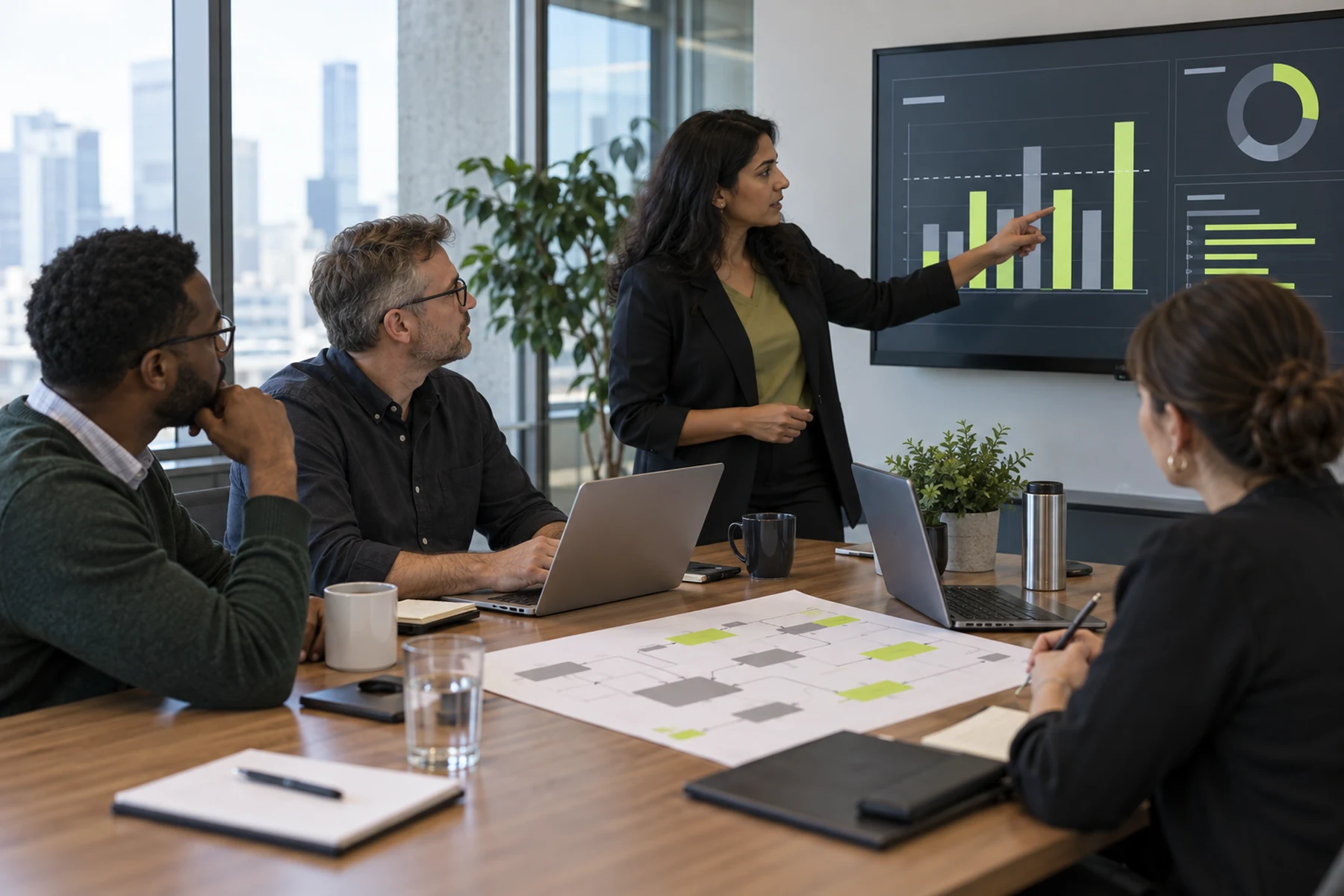Enterprise technology team reviewing agent usage and cost dashboards in a meeting room