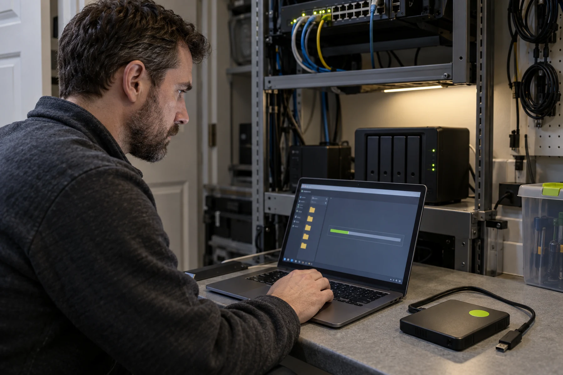 Home administrator testing an isolated NAS backup and restore on a laptop