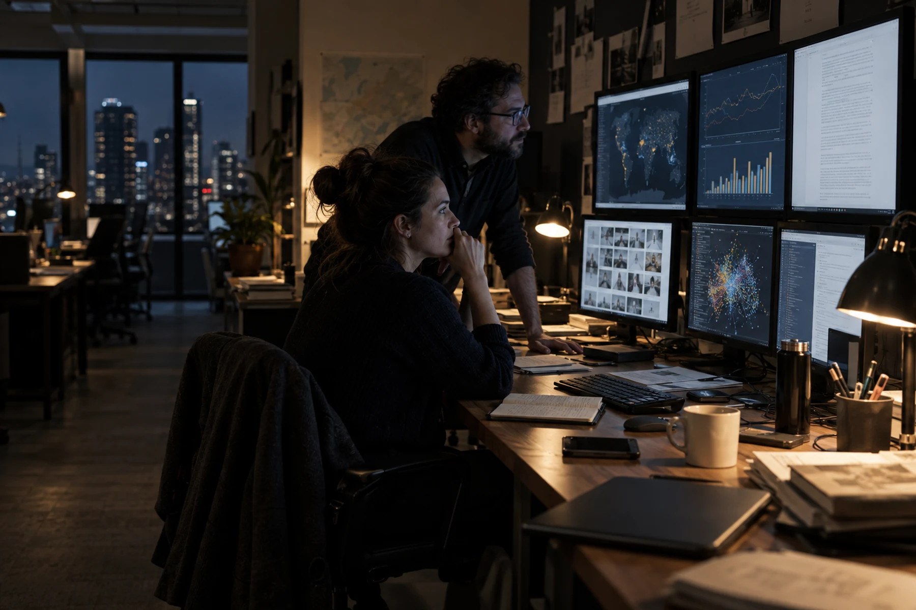 Editors reviewing source documents and charts in a technology newsroom