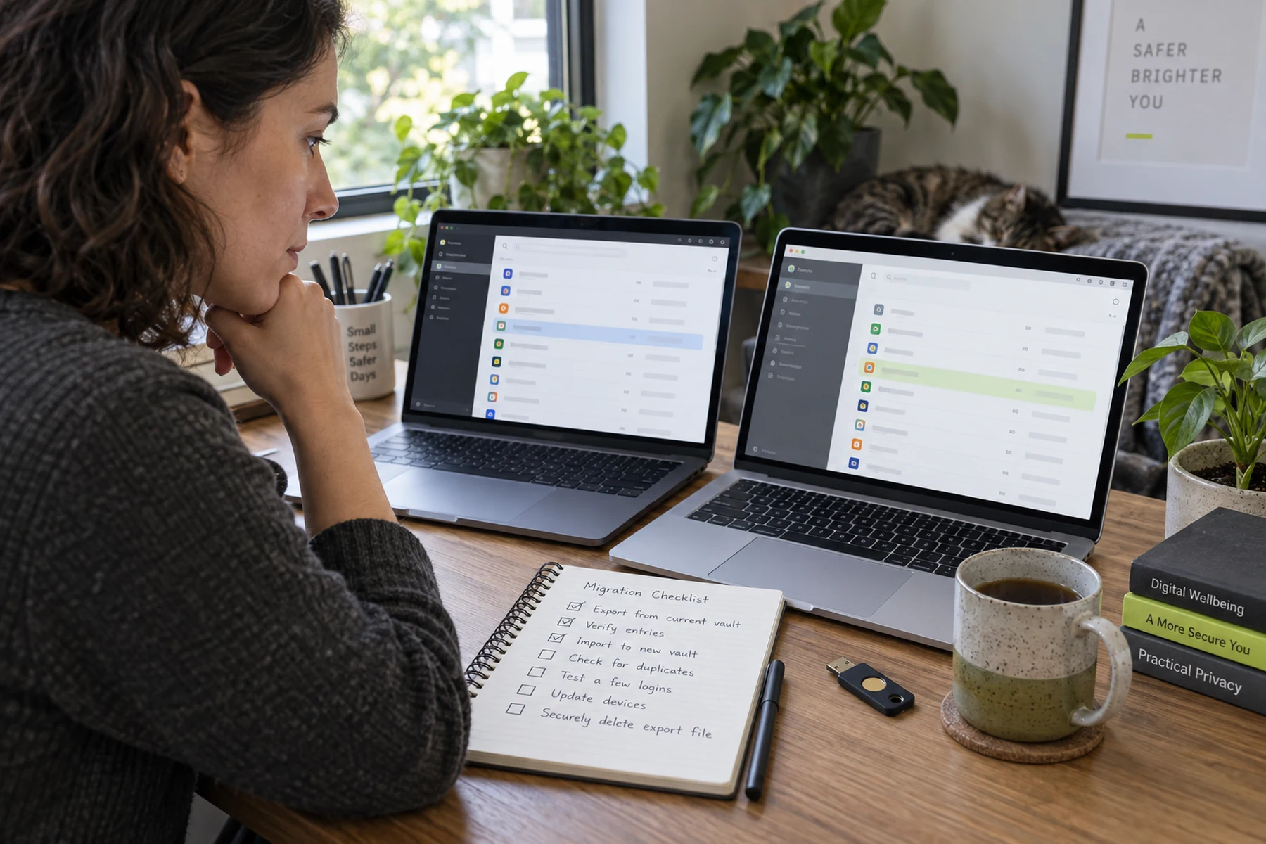 Person reconciling two password vaults on separate devices during a careful migration