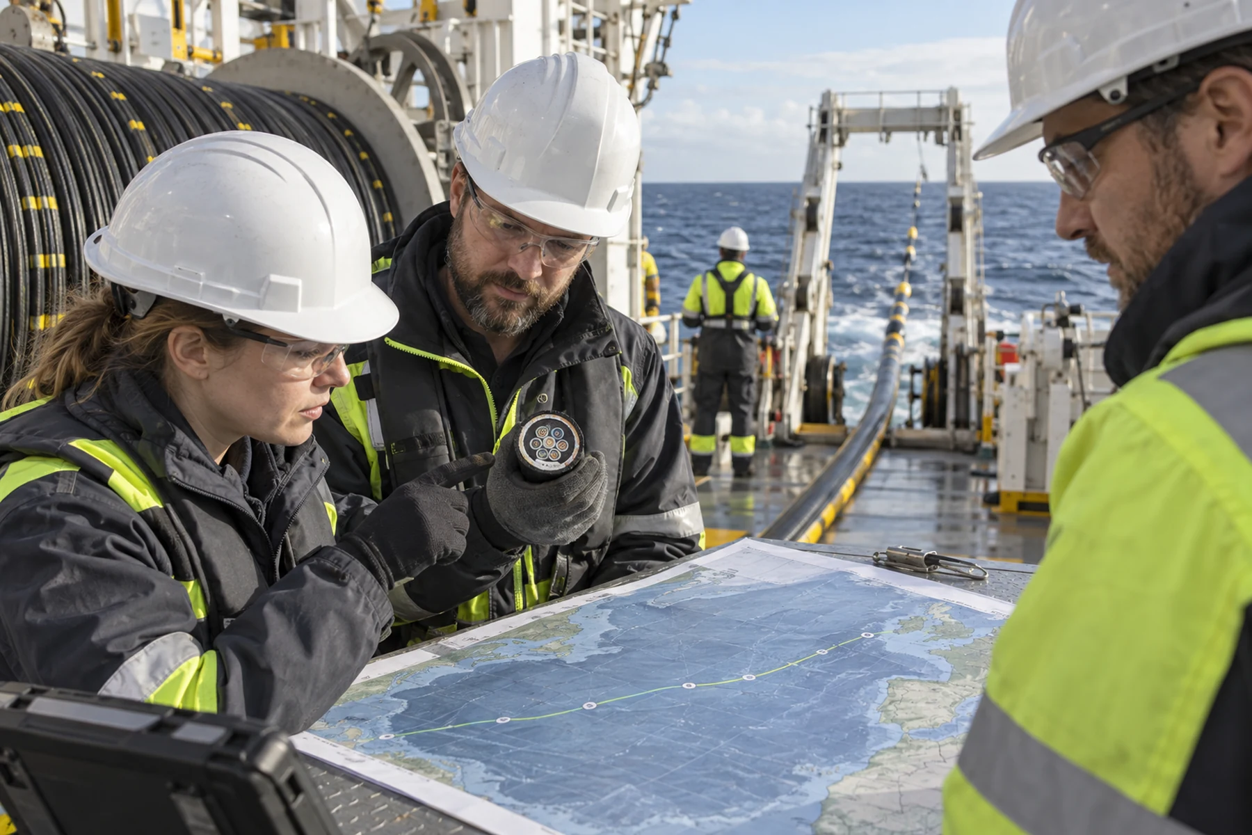 Marine network engineers inspecting optical fiber and a transoceanic cable route map