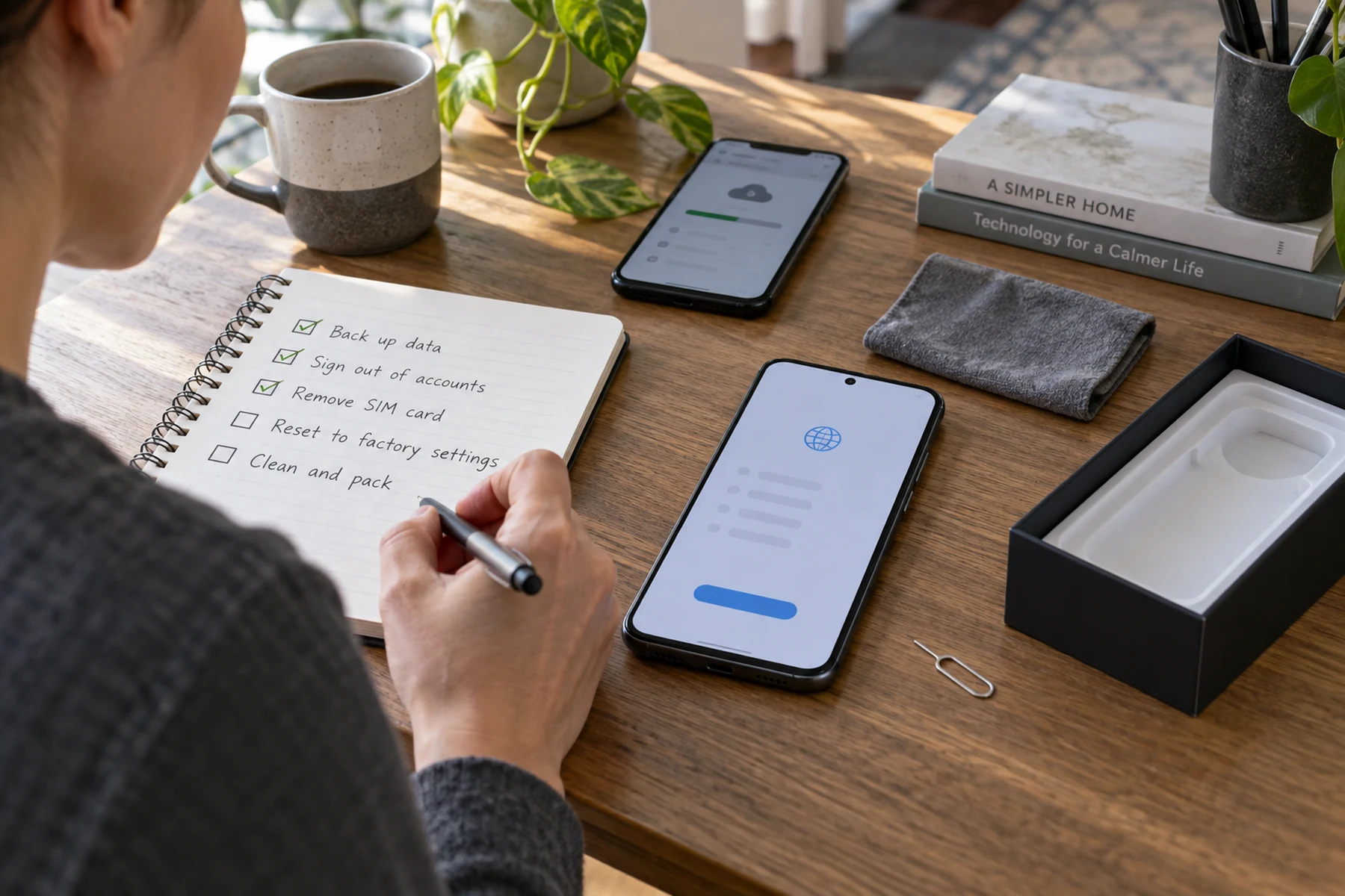 Phone owner following a secure trade-in checklist beside packaging and a second device