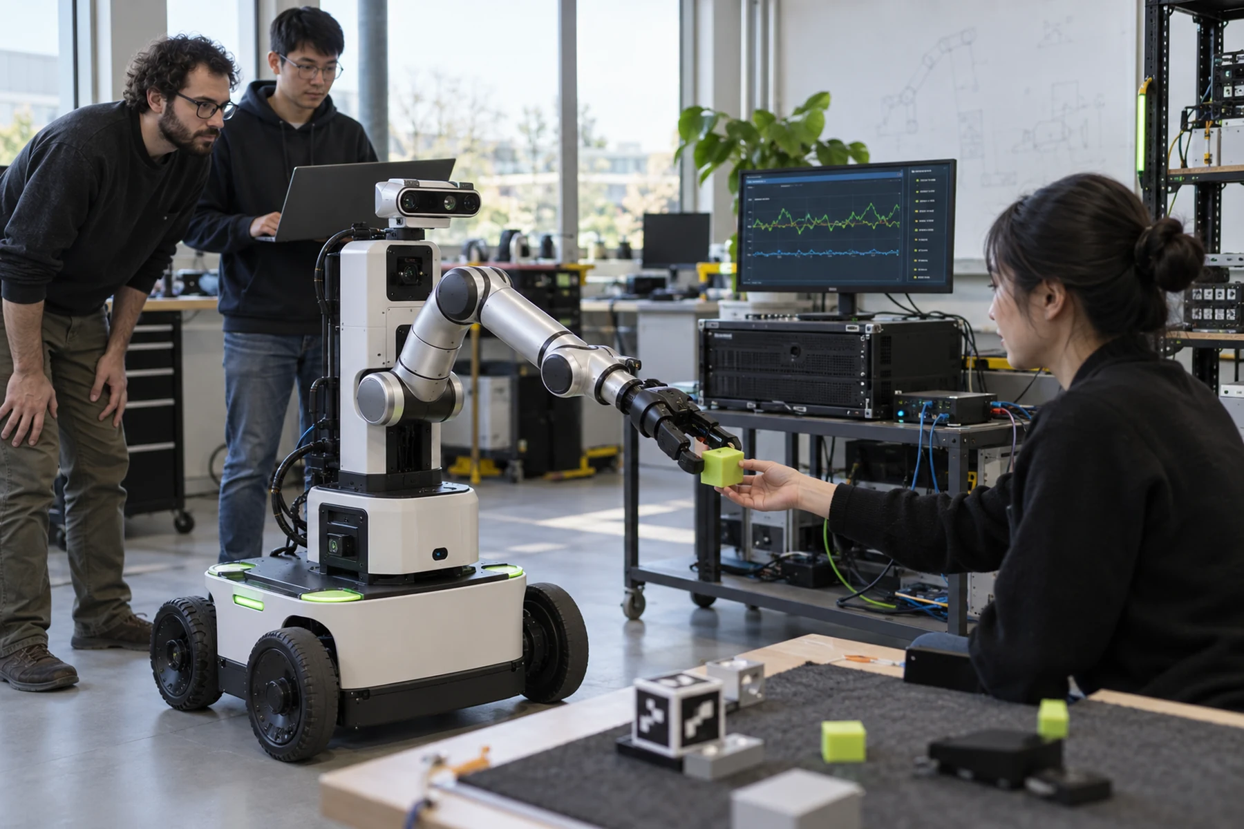 Robotics engineers measuring wireless latency while a mobile robot manipulates an object
