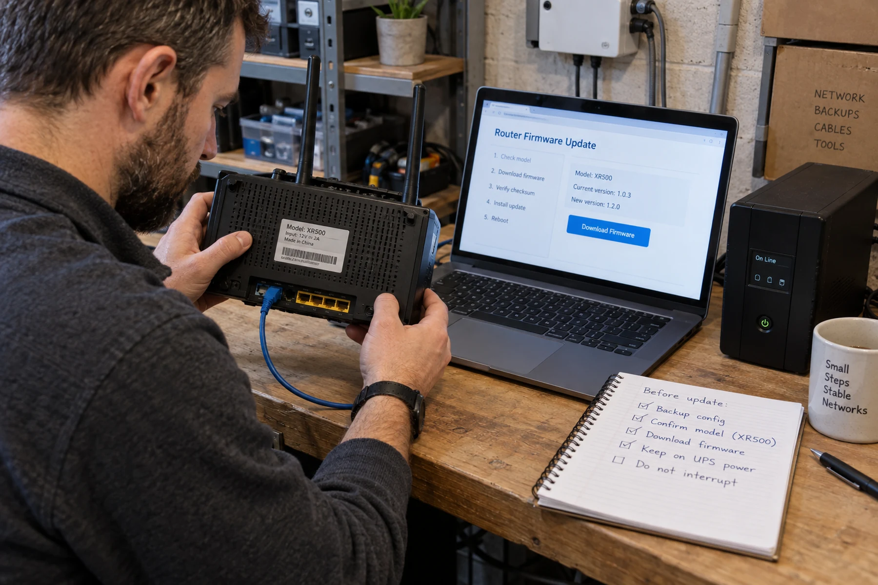 Home network administrator checking router model, firmware file, backup, and wired connection before an update