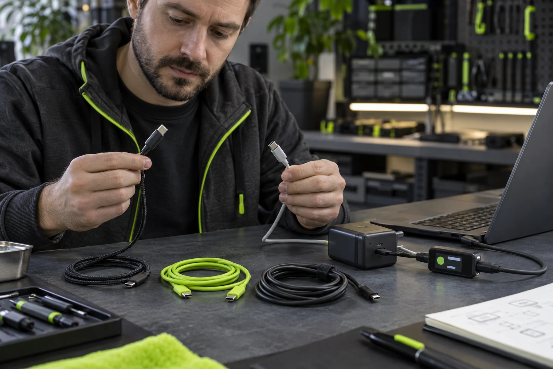 Technician comparing labeled USB-C cables and a power-delivery charger on a workbench