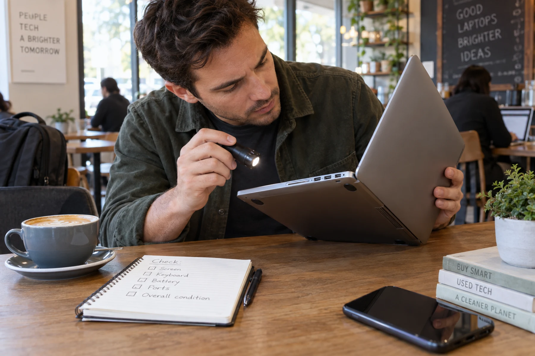 A buyer inspecting the ports and screen of a used laptop at a café table