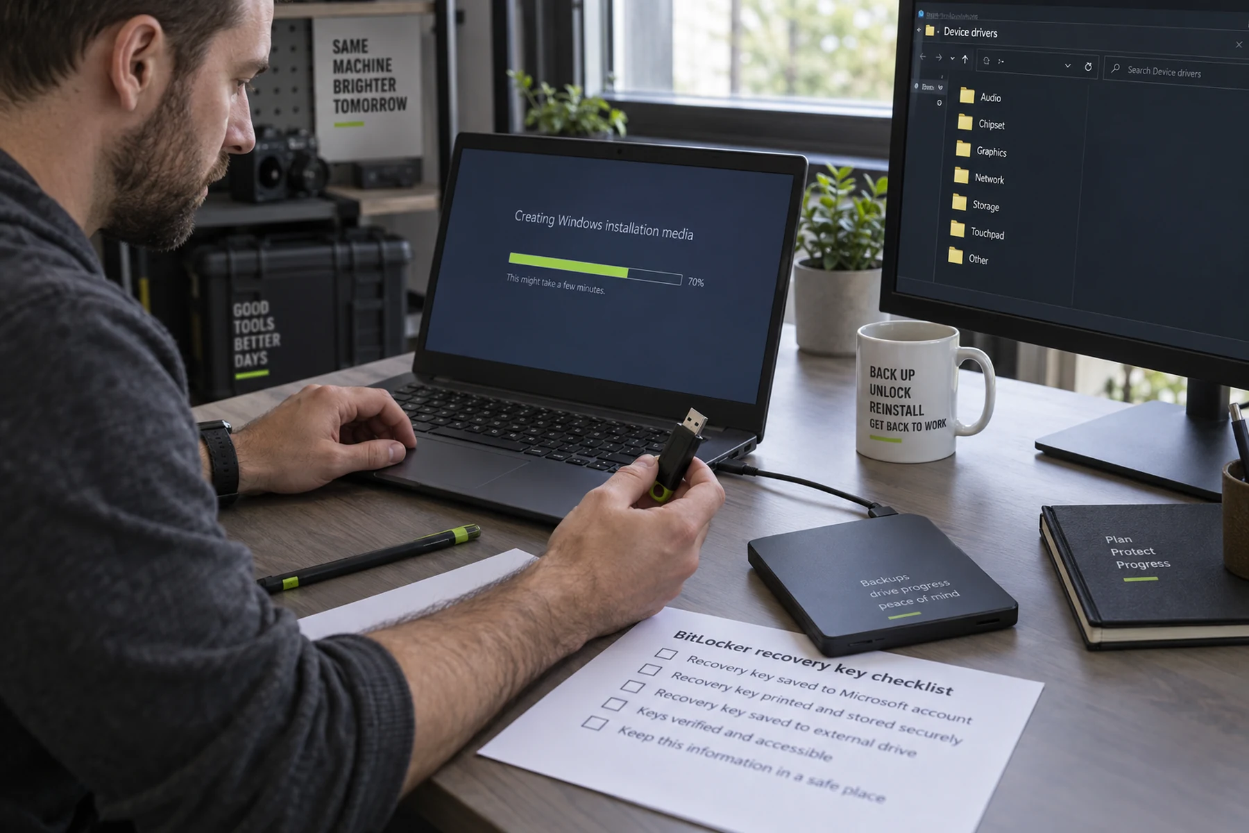 Technician preparing a Windows installation USB beside a recovery-key checklist