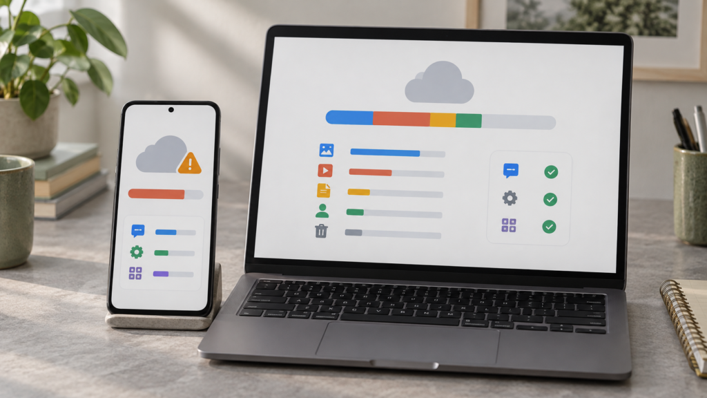 Android phone and laptop show a generic Google account storage breakdown and backup categories