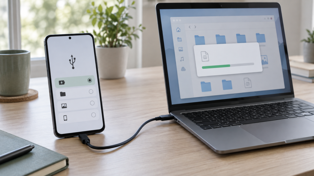 Android phone connected by USB cable to a laptop transferring a file