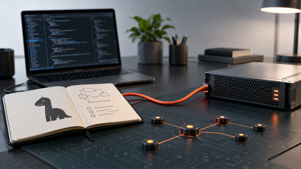 Laptop, Deno notebook and linked server node represent the runtime team joining a cloud platform