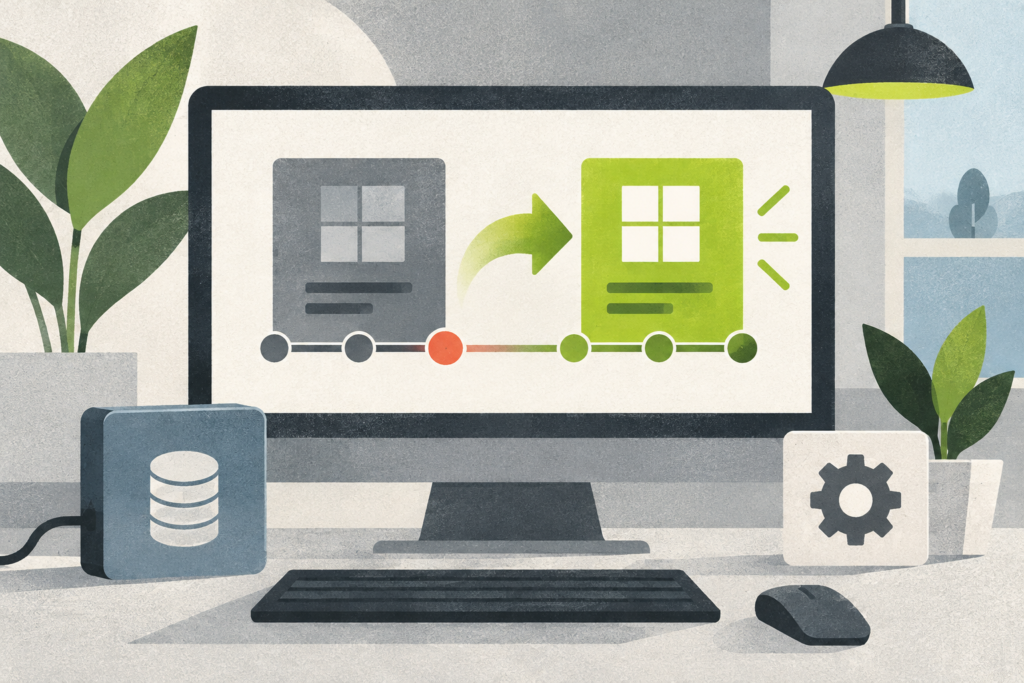 Editorial illustration of a Windows version update beside a protected backup drive
