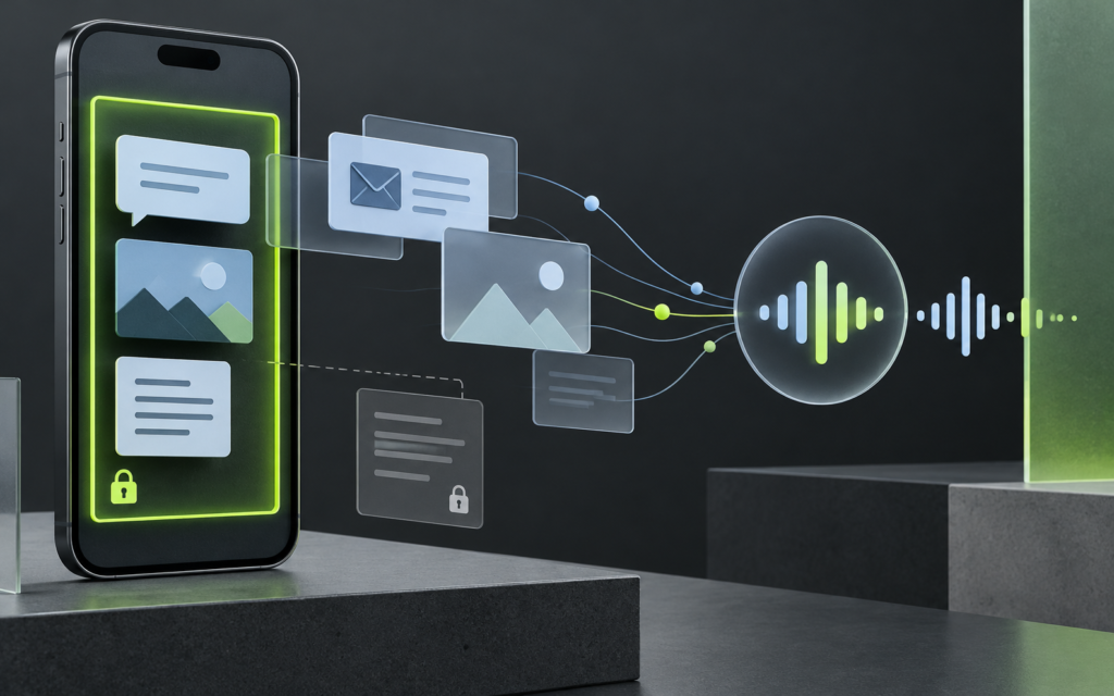 Editorial technology illustration showing personal messages and photos routed through a voice assistant inside a privacy boundary