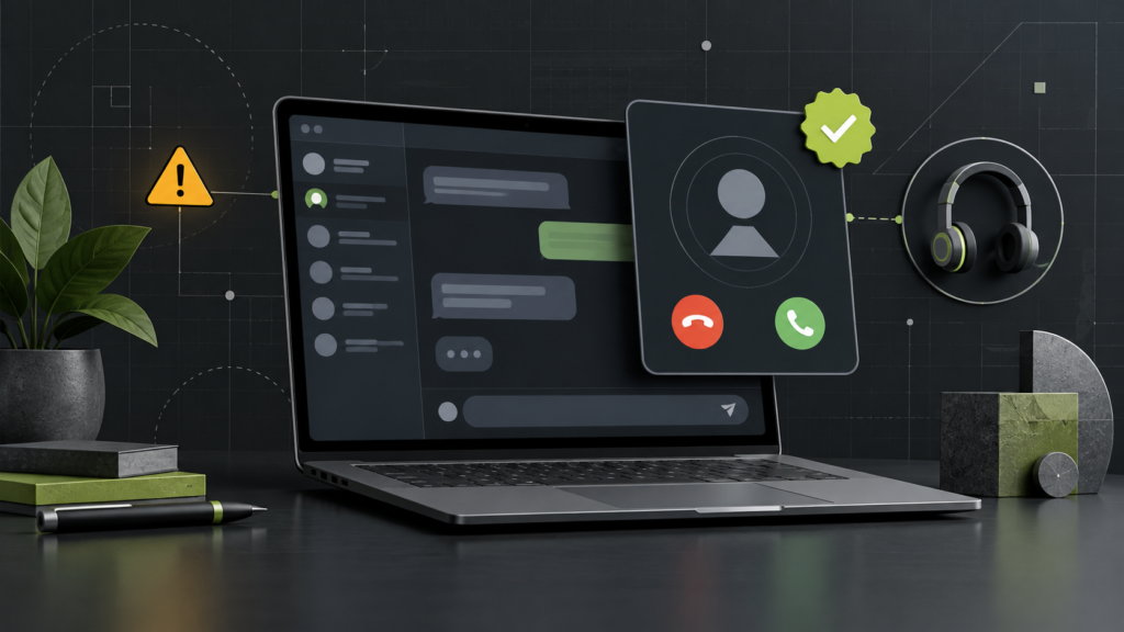 Editorial illustration of an incoming workplace voice call beside a green verification badge
