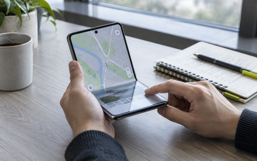Foldable smartphone beside a notebook on a work desk