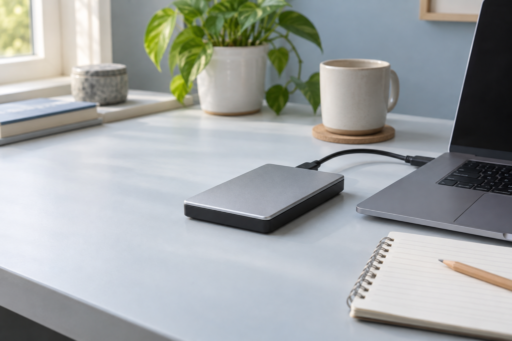Silver external backup drive connected to a laptop on a home desk beside a blank checklist.