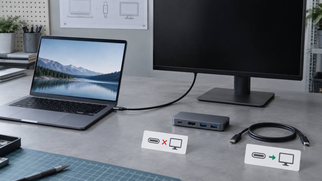 Laptop connected to a USB-C monitor displaying a no-signal screen, with dock removed for testing