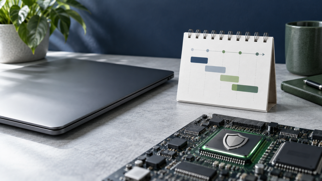 Laptop, rollout timeline and Secure Boot chip illustrate the staged Windows 11 26H2 update