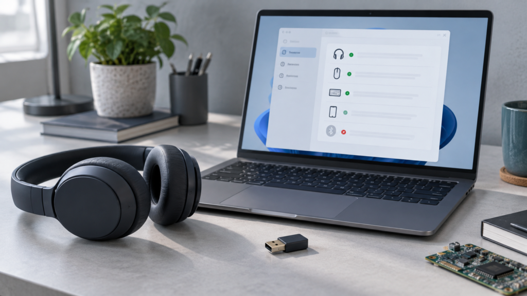 Wireless headphones, laptop and Bluetooth adapter beside a missing-device indicator