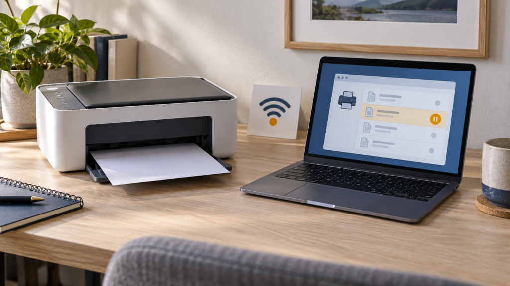 Printer and laptop with a paused print queue indicator, illustrating a Windows printer marked offline